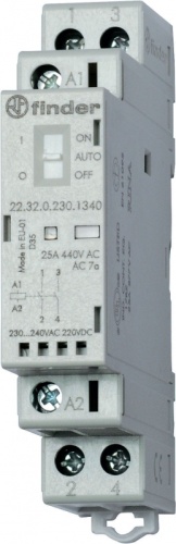 Модульный контактор, 1NO+1NC 25А, контакты AgNi, катушка 230В АС/DC, ширина 17.5мм, степень защиты IP20, опции: переключатель Авто-Вкл-Выкл + мех.индикатор + LED | код 223202301540 | FINDER