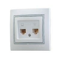 Розетка компьютерная RJ45 + телефонная RJ11 СП Мира 16А IP20 с сер. вставкой бел. LEZARD 701-0215-143