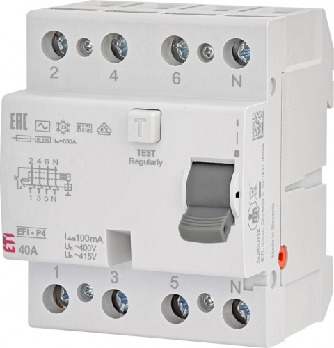 Реле дифференциальное (УЗО) 4р EFI-P4 40/0,1 тип AC (10kA) | код 002061622 | ETI
