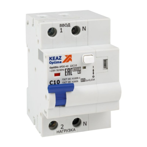 Устройство защиты от дугового пробоя с АВДТ и защ. от пов. напряж. OptiDin AFDD-40-22C10-A-У3 (2P, C10, 30mA, Uоткл 275В) | код 339085 | КЭАЗ Устройство защиты от дугового пробоя с АВДТ и защ. от пов. напряж. OptiDin AFDD-40-22C10-A-У3 (2P, C10, 30mA, Uоткл 275В) | код 339085 | КЭАЗ