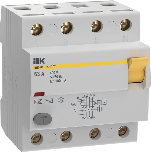 Выключатель дифференциальный (УЗО) KARAT ВД3-63 4P 63А 100мА 6кА тип AC | код MDV20-4-063-100 | IEK