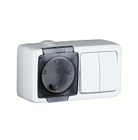 Alfa Блок с пылевлагозащитой, розетка одноместная, с заземляющими контактами, выключатель двухклавишный, белый | код БА16-212 | HEGEL