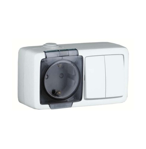 Alfa Блок с пылевлагозащитой, розетка одноместная, с заземляющими контактами, выключатель двухклавишный, белый | код БА16-212 | HEGEL Alfa Блок с пылевлагозащитой, розетка одноместная, с заземляющими контактами, выключатель двухклавишный, белый | код БА16-212 | HEGEL