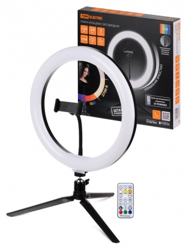 Лампа кольцевая светодиодная 30 см, 16 Вт, 2700-6400 К+RGB, штатив наст., диммер, ПДУ, USB, TDM | код SQ0373-0303 | TDM