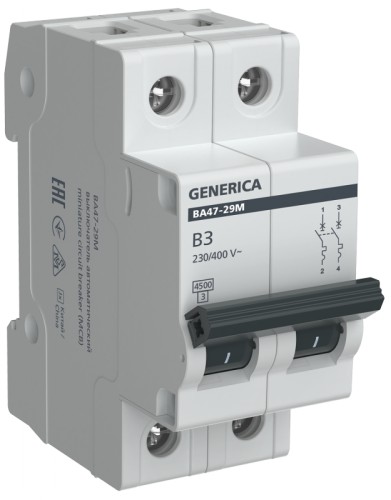 Авт. выкл. ВА47-29М 2P 3А 4,5кА B GENERICA | код MVA21-2-003-B-G | GENERICA by IEK