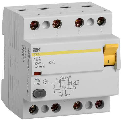 Выключатель дифференциального тока (УЗО) 4п 16А 10мА ВД1-63 АС(Электромеханическое) | код MDV10-4-016-010 | IEK
