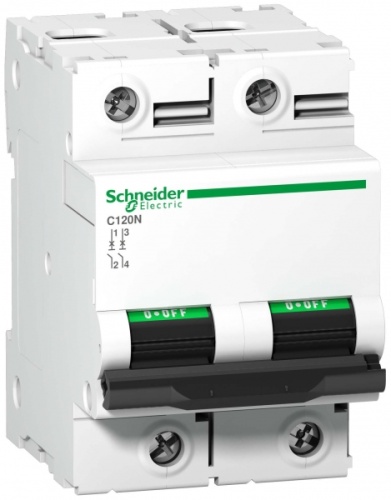 Выключатель автоматический двухполюсный C120N 100А D 10кА | код. A9N18384 | Schneider Electric 