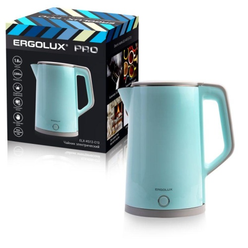 Чайник электрический ELX-KS12-C13 PRO нерж. сталь/пластик 1.8л 220-240В 2200Вт голуб. | код 15330 | Ergolux