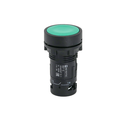 Кнопка плоская зеленая с фиксацией, 1NO+1NC, IP54, пластик MTB7-EH35 | код 132693 | MEYERTEC