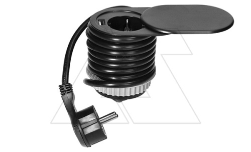 Блок розеточный встраиваемый d=60мм, USB 5V 2,4A + 2P+E со шторками,скользящая крышка, 3680вт, кабель 1,9м, черный | код OR-AE-13124-B | ORNO