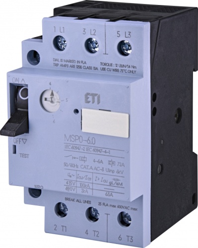 Автоматический выключатель защиты двигателя MSP0-6 (2,2 kW, 4-6A) | код 004646623 | ETI