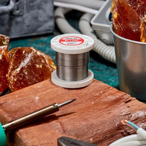 Припой с канифолью ПОС-61, 100г, 1мм, (олово 61%, свинец 39%), катушка | код 09-3171 | REXANT
