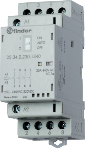 Модульный контактор, 2NO+2NC 25А, контакты AgNi, катушка 230В АС/DC, ширина 35мм, степень защиты IP20, опции: мех.индикатор + LED | код 223402301620 | FINDER