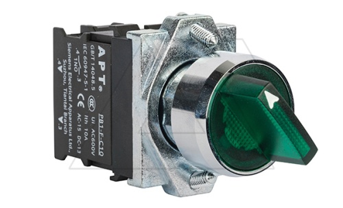 Переключатель PB1S, зеленый, I-0-II, фиксация, 2NO, 6A 230VAC/24VDC, с подсветкой 24VAC/DC, 22mm, IP65 | код PB1S-20XS6D/G23 | АРТ