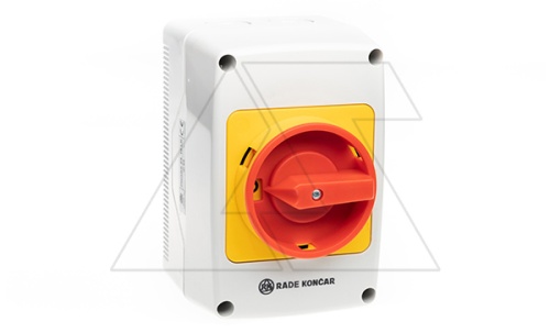 Переключатель PNGBS 40 92 LK, аварийный, 4P, 40A, тип 0-1, 18.5kW(400VAC по АС-23), красная блокируемая в 0 рукоятка, в корпусе IP65 | код EAC602863 | Rade Koncar
