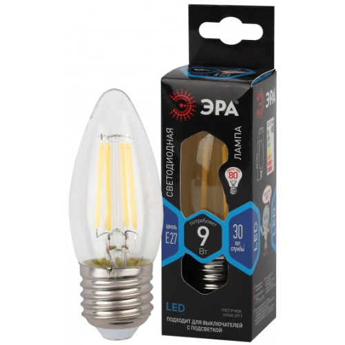 Лампа светодиодная филаментная F-LED B35-9W-840-E27 9Вт B35 свеча 4000К нейтр. бел. E27 | Код. Б0046997 | ЭРА