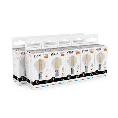 Лампа светодиодная филаментная LED 12 Вт 730 лм 2700К шар P45 теплый E14 AC 220В прозрачная колба Elementary Gauss | код 52112 | Gauss фото 4 Лампа светодиодная филаментная LED 12 Вт 730 лм 2700К шар P45 теплый E14 AC 220В прозрачная колба Elementary Gauss | код 52112 | Gauss фото 4