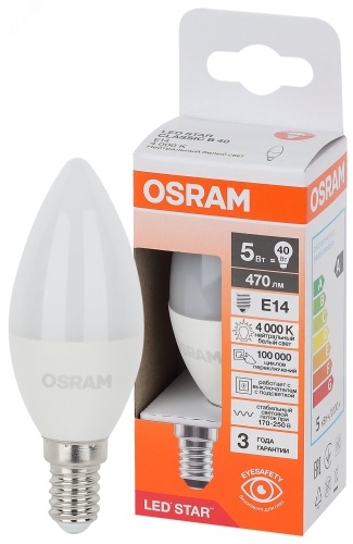 Лампа светодиодная LED Star Свеча 5Вт (замена 40Вт), 470Лм, 4000К, цоколь E14 OSRAM | код 4058075696082 | LEDVANCE