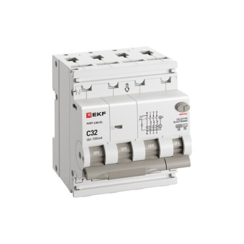 Автоматический выключатель дифференциального тока селективный АВДТ-63N (S) 3P+N 32А 100мА характеристика C тип AC электронный 6кА PROXIMA EKF | код D63N46ES32C100 | EKF Автоматический выключатель дифференциального тока селективный АВДТ-63N (S) 3P+N 32А 100мА характеристика C тип AC электронный 6кА PROXIMA EKF | код D63N46ES32C100 | EKF