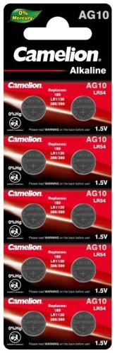 Элемент питания алкалиновый "таблетка" LR1130/389A/189/G10 Mercury Free AG10-BP0%Hg для часов BL-10 (блист.10шт) | код 12818 | Camelion