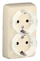 Розетка двойная наружная с заземлением с шторками с изолирующей пластиной (стакан) слоновая кость | код РА16-184-01 | HEGEL
