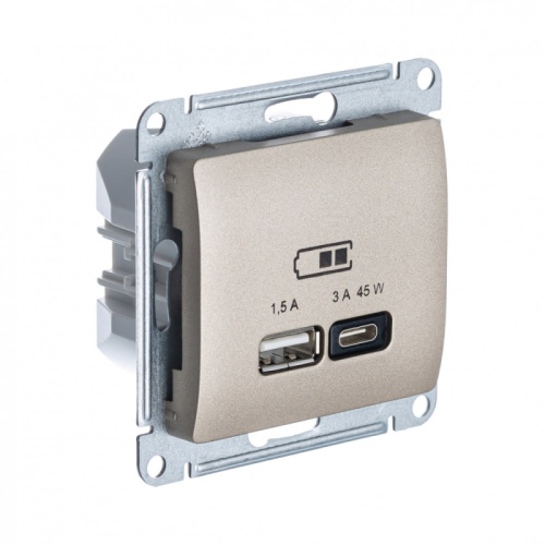 GLOSSA USB РОЗЕТКА А + тип-С 45Вт высокоскор.заряд. QC, PD, механизм, ТИТАН | код GSL000429 | Systeme Electric