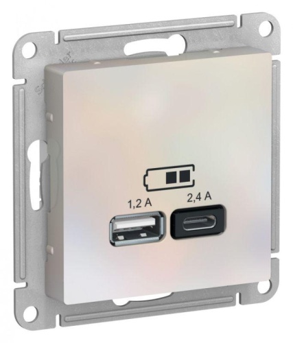 Механизм розетки USB AtlasDesign тип A+C 5В/2.4А 2х5В/1.2А жемчуж. | код ATN000439 | Schneider Electric