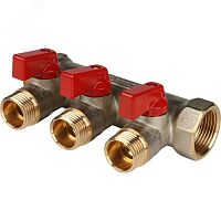 Коллектор с шаровыми кранами 1', 3 отвода 1/2' (красные ручки) | код SMB 6210 011203 | STOUT