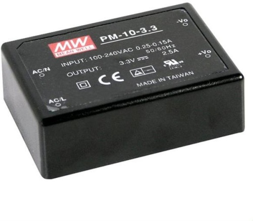 Источник питания AC-DC, 10 Вт, вход 85...264В AC 47...440 Гц, 120...370B DC, выход 3,3В/2,5А, изоляция 4000В AC, в кожухе 70х50х22,7мм, -20...+70C | код PM-10-3.3 | MeanWell