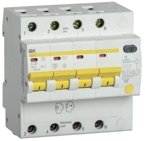 Выключатель автоматический дифференциальный АД14S 4п 20А C 300мА тип AC (5 мод) | код. MAD13-4-020-C-300 | IEK 