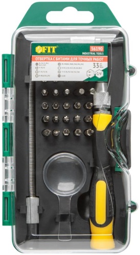 Отвертка с битами для точных работ, 30 CrV бит, гибкий переходник 190 мм, лупа, в пластиковом футляре | код 56190 | FIT Отвертка с битами для точных работ, 30 CrV бит, гибкий переходник 190 мм, лупа, в пластиковом футляре | код 56190 | FIT