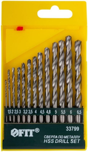 Набор сверл по металлу HSS полированных, 13 шт (1.5-2-2.5-3-3.2-3.5-4-4.5-4.8-5-5.5-6-6.5 мм) | код 33799 | FIT Набор сверл по металлу HSS полированных, 13 шт (1.5-2-2.5-3-3.2-3.5-4-4.5-4.8-5-5.5-6-6.5 мм) | код 33799 | FIT