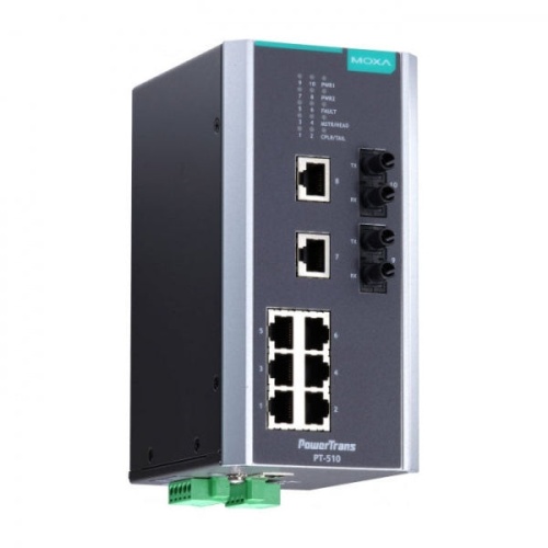 Коммутатор PT-510-MM-ST-48 IEC 61850-3 managed DIN-Rail switch, 8 x 10/100BaseT(X), 2 x 100BaseFX MM, ST connectors, 1 power supply | код 00-06074499 | MOXA