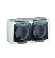 Alfa Розетка двухместная, с пылевлагозащитой, со шторками, с заземляющими контактами, открытой установки, слоновая кость | код РА16-252 | HEGEL