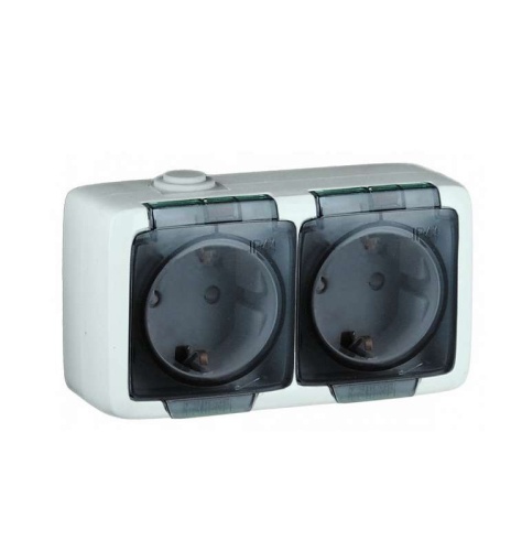 Alfa Розетка двухместная, с пылевлагозащитой, со шторками, с заземляющими контактами, открытой установки, слоновая кость | код РА16-252 | HEGEL