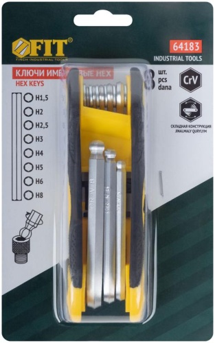 Ключ шестигранный с шаром 1.5-8мм складной CrV (уп.8шт) FIT 64183 фото 3 Ключ шестигранный с шаром 1.5-8мм складной CrV (уп.8шт) FIT 64183 фото 3