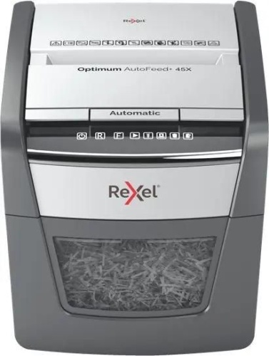 Шредер Rexel Optimum AutoFeed 45X черный с автоподачей (секр.P-4) фрагменты 45лист. 20лтр. скрепки скобы пл.карты | код 1481621 | REXEL