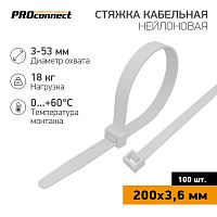 Хомут кабельный 3.6х200 нейл. бел. (уп.100шт) | код 57-0200 | PROCONNECT