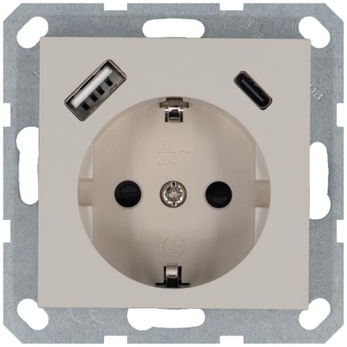 Розетка Schuko с USB A+C с защитными шторками 16A 250V~ 2P+T USB 25W, цвет Тауп | код G5501USB-25T | Jasmart