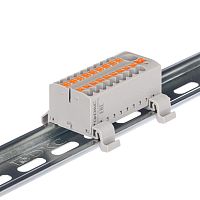 Блок распределительный с горизонт. адаптером на рейку шир. 35мм зажим push-in 1 ввод 6кв.мм 18 точек подключения 2.5кв.мм сер. DKC DTP1-118-104SPUG-H