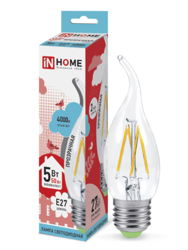 Лампа светодиодная LED-СВЕЧА НА ВЕТРУ-deco 5Вт 230В Е27 4000К 450Лм прозрачная IN HOME | код 4690612007656 | IN HOME