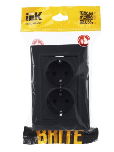 BRITE Розетка 2-местная с заземлением с защитными шторками 16А в сборе РСш12-3-БрГ графит | код BR-R24-16-K53-F | IEK фото 2