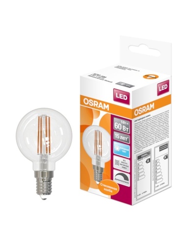 Лампа светодиодная LED 5Вт E14 CLB60D белый, Filament диммируемая,прозр.шар | код 4058075230446 | LEDVANCE