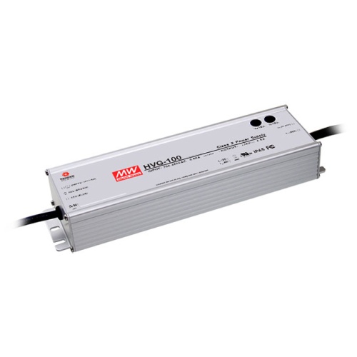 Источник питания AC-DC драйвер светодиодов, 100Вт, IP65, ККМ, вход 180…480В AC, 47…63Гц/254…679В DC, выход 24В/4А, рег. выхода 22…27В/2.2…4A, изоляция 3750В AC, в кожухе 236х68х39, -40…+70С | код HVG-100-24A | MeanWell