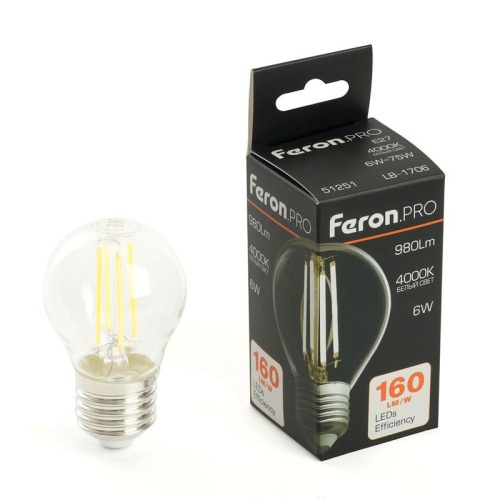 Лампа светодиодная LED 6вт Е27 белый шар FILAMENT Feron.PRO | код 51251 | Feron Лампа светодиодная LED 6вт Е27 белый шар FILAMENT Feron.PRO | код 51251 | Feron