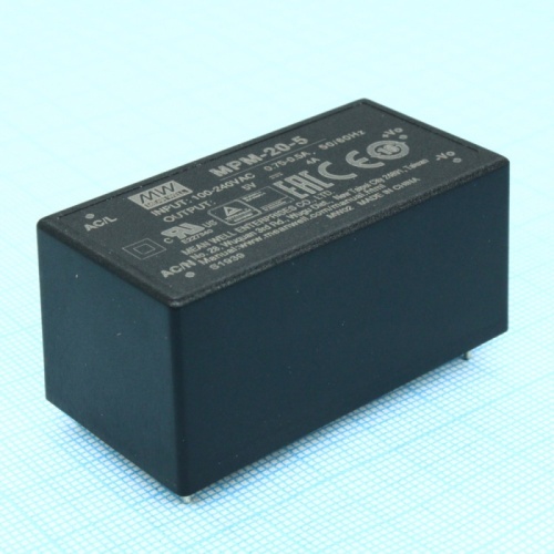Источник питания AC-DC, 20Вт, вход 80...264В AC 47...440 Гц, выход 5В/4А, изоляция 4000В AC, в кожухе 52.4х27.2х24мм, -35...+85C | код MPM-20-5 | MeanWell