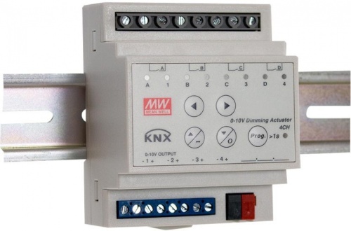 Универсальный актуатор KNX, 4 канала, вх. напр. 21…31В, ток 10А на канал, димминг 0-10 В, -30…+45C, в корпусе 72?90?57мм на ДИН рейку | код KAA-4R4V-10 | MeanWell