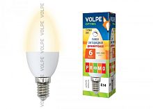 Лампа светодиодная диммируемая LED-C37-6Вт 3000К E14 FR DIM O 6Вт, 450лм ,свеча, матовая, пластиковый, теплый белый, Optima, картон, ТМ Volpe | код 10697 | VOLPE