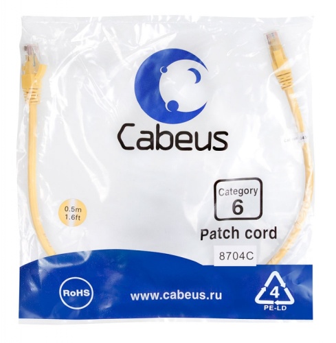 Cabeus PC-UTP-RJ45-Cat.6-0.5m-YL Патч-корд U/UTP, категория 6, 2xRJ45/8p8c, неэкранированный, желтый, PVC, 0.5м | код 8704c | Cabeus