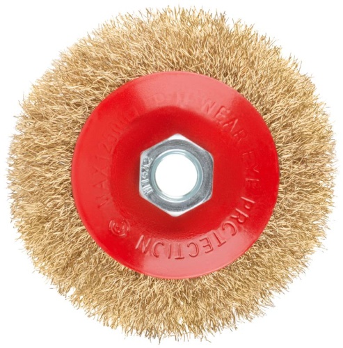 Корщетка-колесо с наклоном, гайка М14, стальная волнистая латунированная проволока 100 мм | код 39021 | FIT фото 2